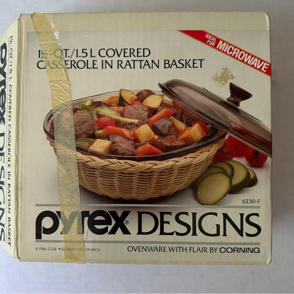Pyrex Brown Glass Casserole with Rattan Basket - Picture 6 of 6